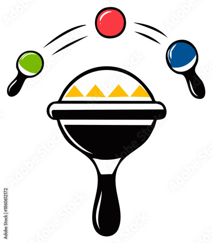 Colorful balls are floating above a black and white toy. The play thing has triangles and a vintage design in a line art illustration.