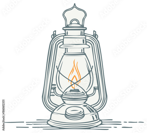 Vintage oil lantern with a warm glowing flame providing light and illumination
