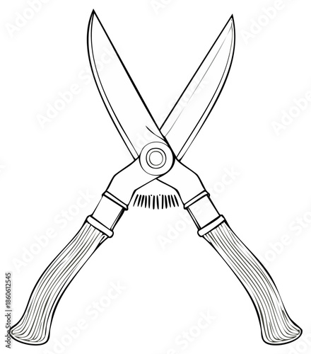 Sharp garden shears open blades line art illustration for gardening and pruning work