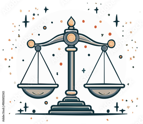 Astrological Libra sign depicted as cute cartoon scales with celestial stars and confetti