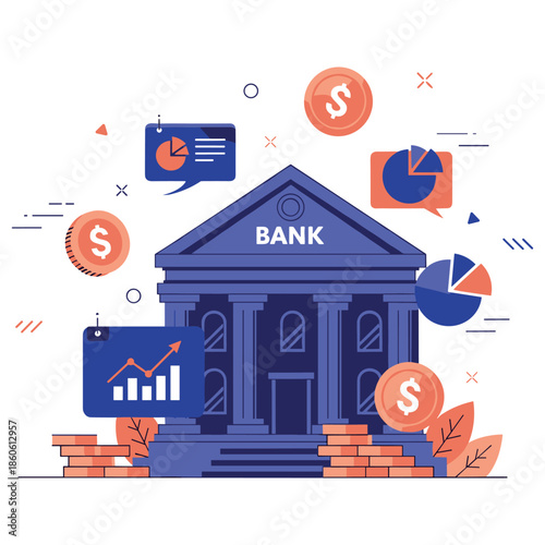 Digital banking illustration with financial growth charts and currency symbols
