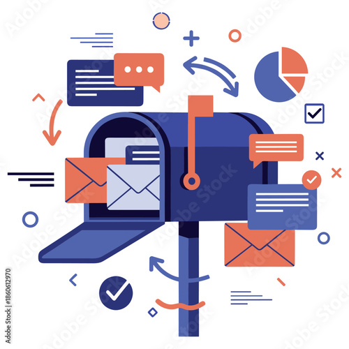Illustrated mailbox with envelopes and icons representing communication and data exchange