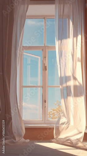 Offenes Fenster mit wehenden Vorhängen