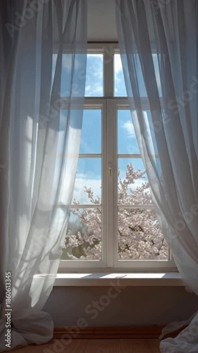 Offenes Fenster mit wehenden Vorhängen