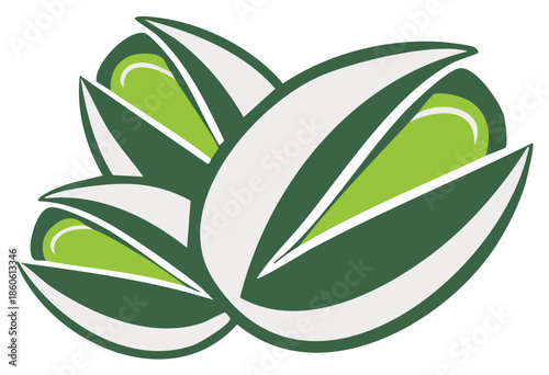 Stylized graphic of three open pistachio nuts with green kernels vector art