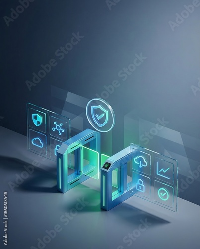 Futuristic digital security gateway with holographic shield icons