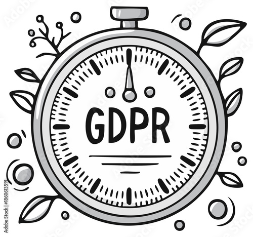 Hand-drawn GDPR concept illustration shows time passing with a stopwatch, compliance, and information privacy with natural elements