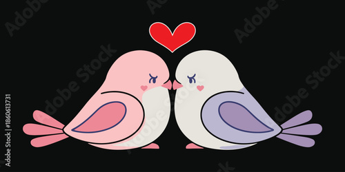 Romantic Illustration of Two Cute Cartoon Lovebirds Facing Each Other with a Red Heart Above, Perfect for Valentine's Day and Anniversary Designs on a Black Background