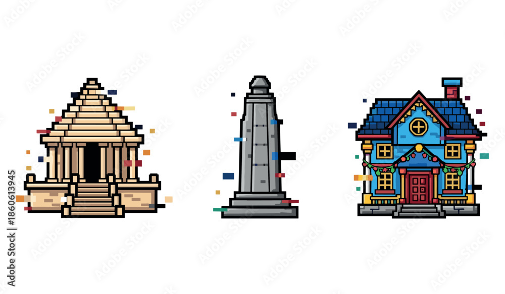 Naklejka premium Pixel art representations of a temple, obelisk, and house with festive lights