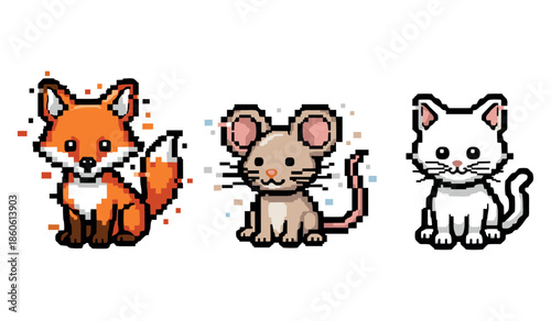 Cute 8-bit style animals: fox, mouse, and cat with white background