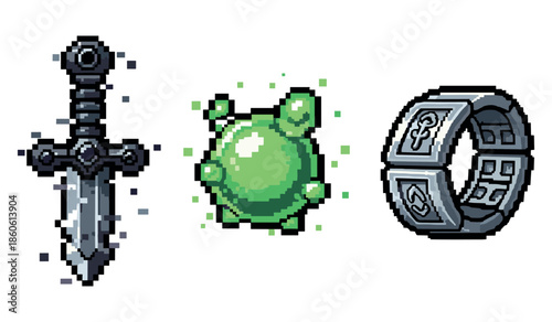 Pixel art medieval sword, enchanted orb, and magical ring icons set