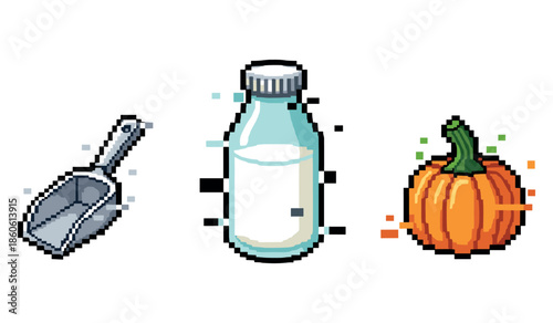 Pixel art ice cream ingredients: scoop, milk bottle, pumpkin