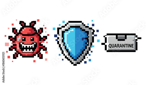 Pixel art representations of virus, protection shield, and quarantine