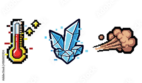 Pixel art elements: thermometer, crystal, explosion in pixel style