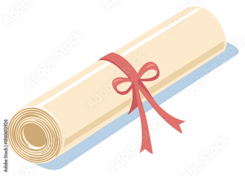 Antique rolled paper scroll certificate for graduation or achievement tied with a red bow