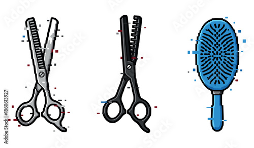 Hair styling tools: thinning shears, scissors, and brush