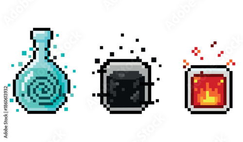 Pixel art magic: blue potion, black cube, fiery chalice