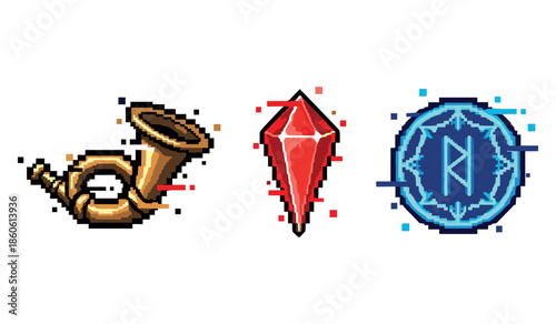 Pixel art symbols: horn, red crystal, and blue rune circle