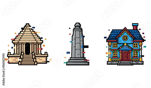 Pixel art representations of a temple, obelisk, and house with festive lights