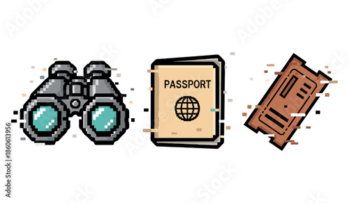 Pixel art travel icons with binoculars, passport, and ticket