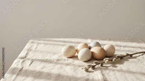 Aesthetic Easter Eggs with Speckled Pattern and Pussy Willow Branch in Warm Sunlight 4k