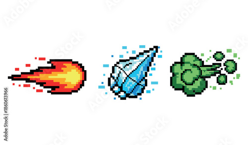 Pixel art elements: fireball, ice shard, and poison cloud icons