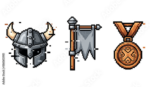 Retro pixel game icons: viking helmet, battle flag, bronze medal