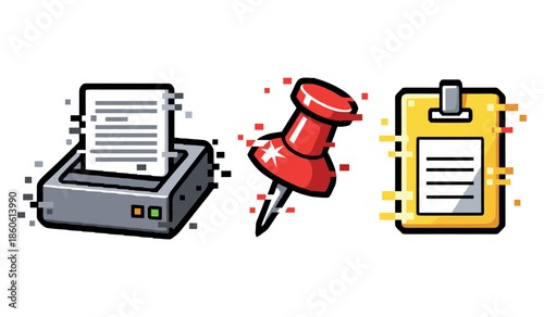 Digital icons: printer, pushpin, clipboard in pixel art style