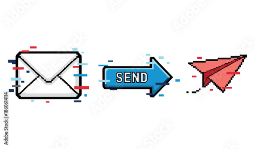Pixel art communication icons: envelope, send arrow, paper airplane