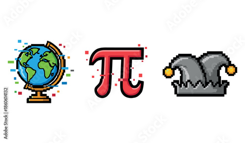 Pixel art earth globe, pi symbol, and jester hat design