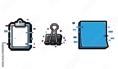 Clipboard, binder clip, and sticky note icons with digital glitch effect