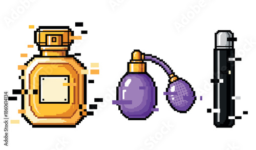 Vintage pixel art perfume bottles with atomizer and lipstick vector illustration