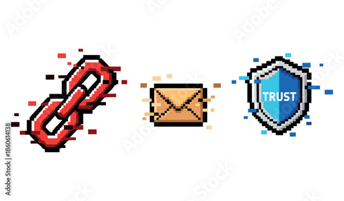 Pixel art cybersecurity icons: broken link, envelope, trust shield