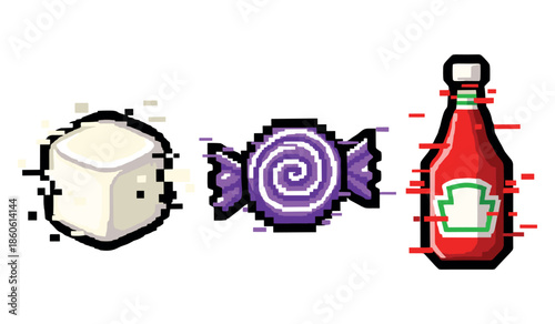 Retro pixel art of sugar cube, candy, and ketchup bottle
