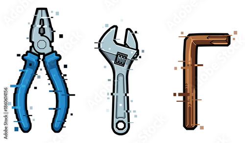 Digital glitch art of pliers, wrench, and hex key tools