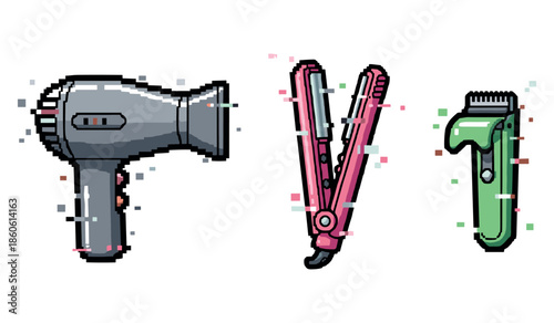 Pixel art hair tools: hair dryer, straightener, clipper in retro style