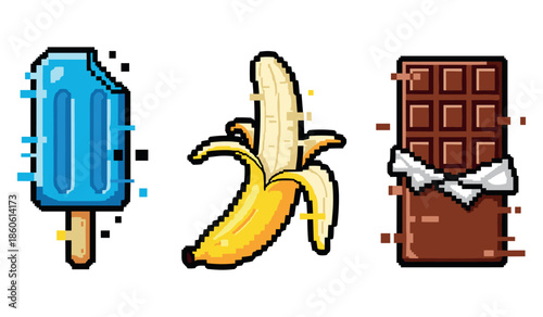 Colorful pixel art of popsicle, banana, and chocolate bar