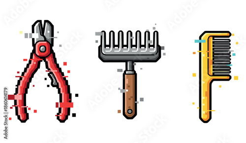 Glitch art of pliers comb rake with vibrant, pixelated details
