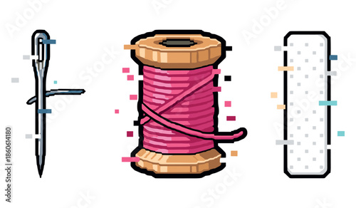 Needle, pink thread spool, and fabric patch icon trio