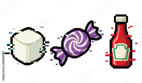 Pixel art icons: sugar cube, purple candy, ketchup bottle