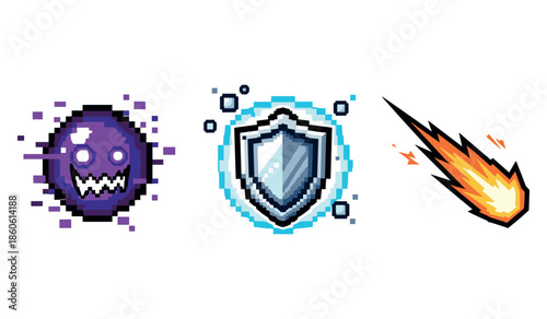 Pixel art icons: purple monster, blue shield, and fireball