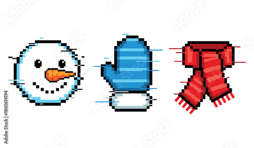 Pixel art winter icons: snowman, mitten, scarf with glitch effect