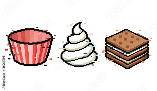 Retro pixel art of cupcake wrapper swirl frosting and layered dessert