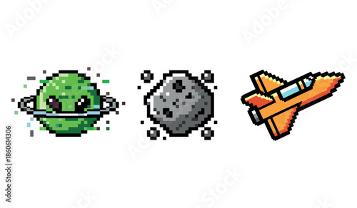 Retro pixel art of alien, asteroid, and spacecraft in 8-bit style