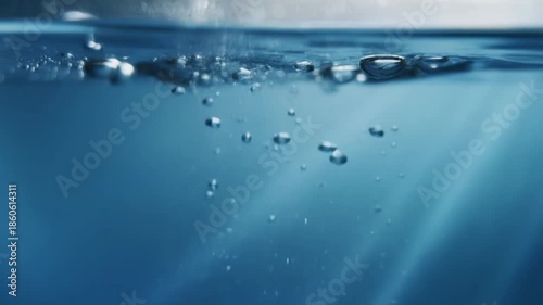 Mesmerizing underwater tranquility, featuring ascending effervescent bubbles and radiant light rays gracefully penetrating the clear, refreshing blue depths