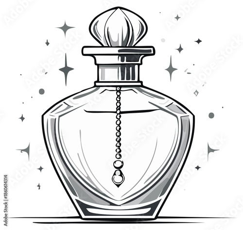 Ornate Glass Perfume Bottle with Magical Sparkles Line Art Drawing