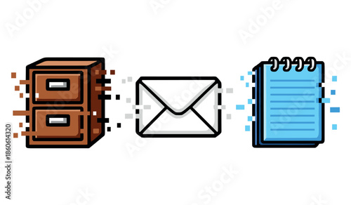 Digital transformation of office tools: filing cabinet, envelope, and notebook icons