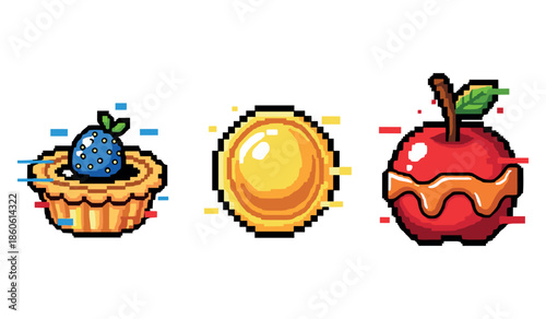 Pixel art sweets: blueberry tart, honey drop, candy apple