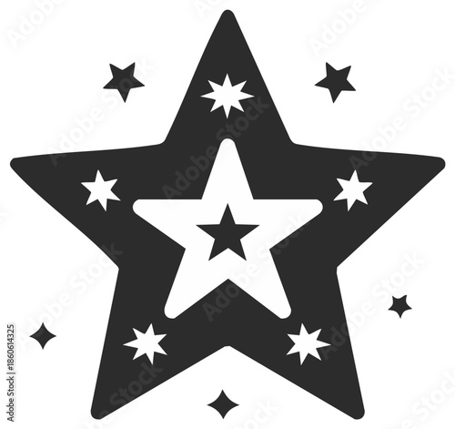 Stylized graphic of nested stars surrounded by radiating sparkling star shapes