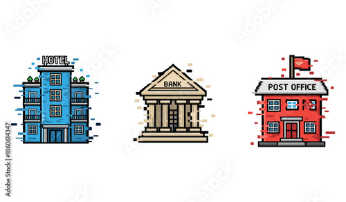 Colorful vector icons of hotel, bank, and post office buildings on white background